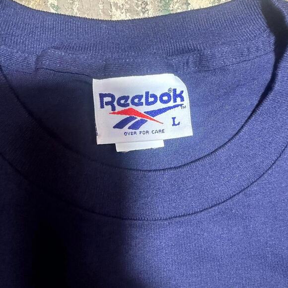 Vintage 90s Reebok Single Stitch Tee Shirt Mens XL Navy Blue Spell Out Big Logo - Picture 3 of 4
